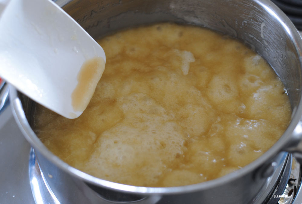 bubbling butter and sugar in pot