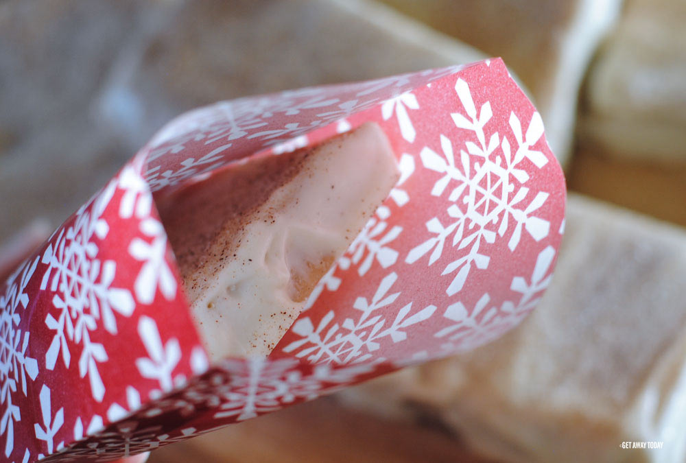Disney churro toffee wrapped in red and white snowflake Christmas packaging