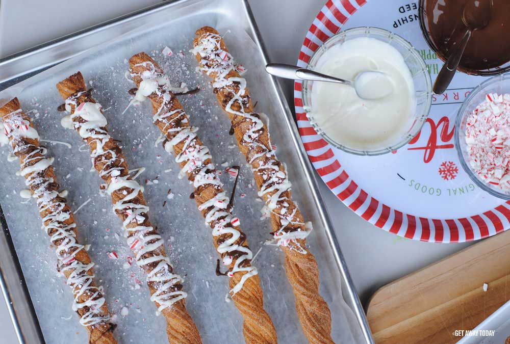 Finished peppermint churros with supplies