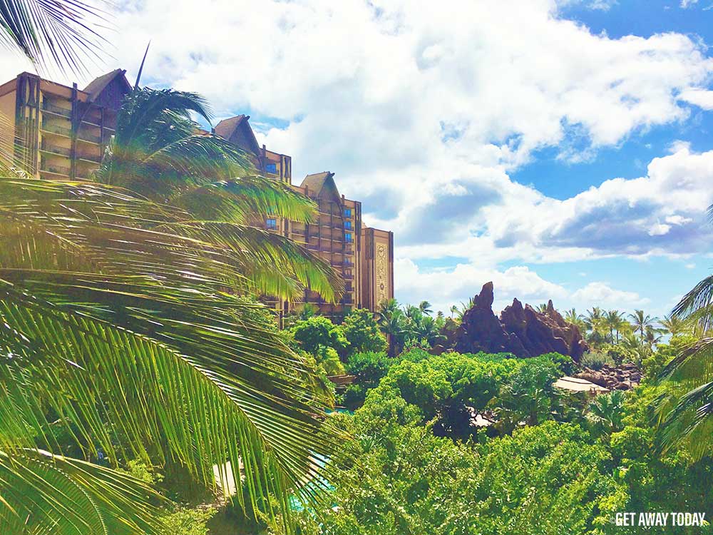Aulani Resort gorgeous lookout with green trees and ocean